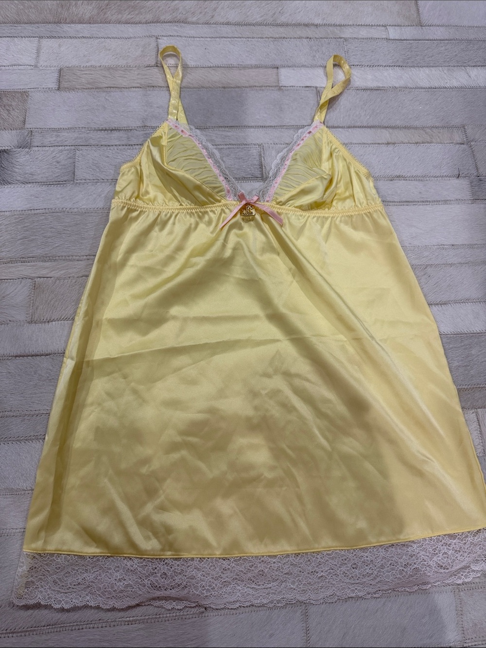 Just Cavalli Yellow Satin Chemise with Pink Lace Trim